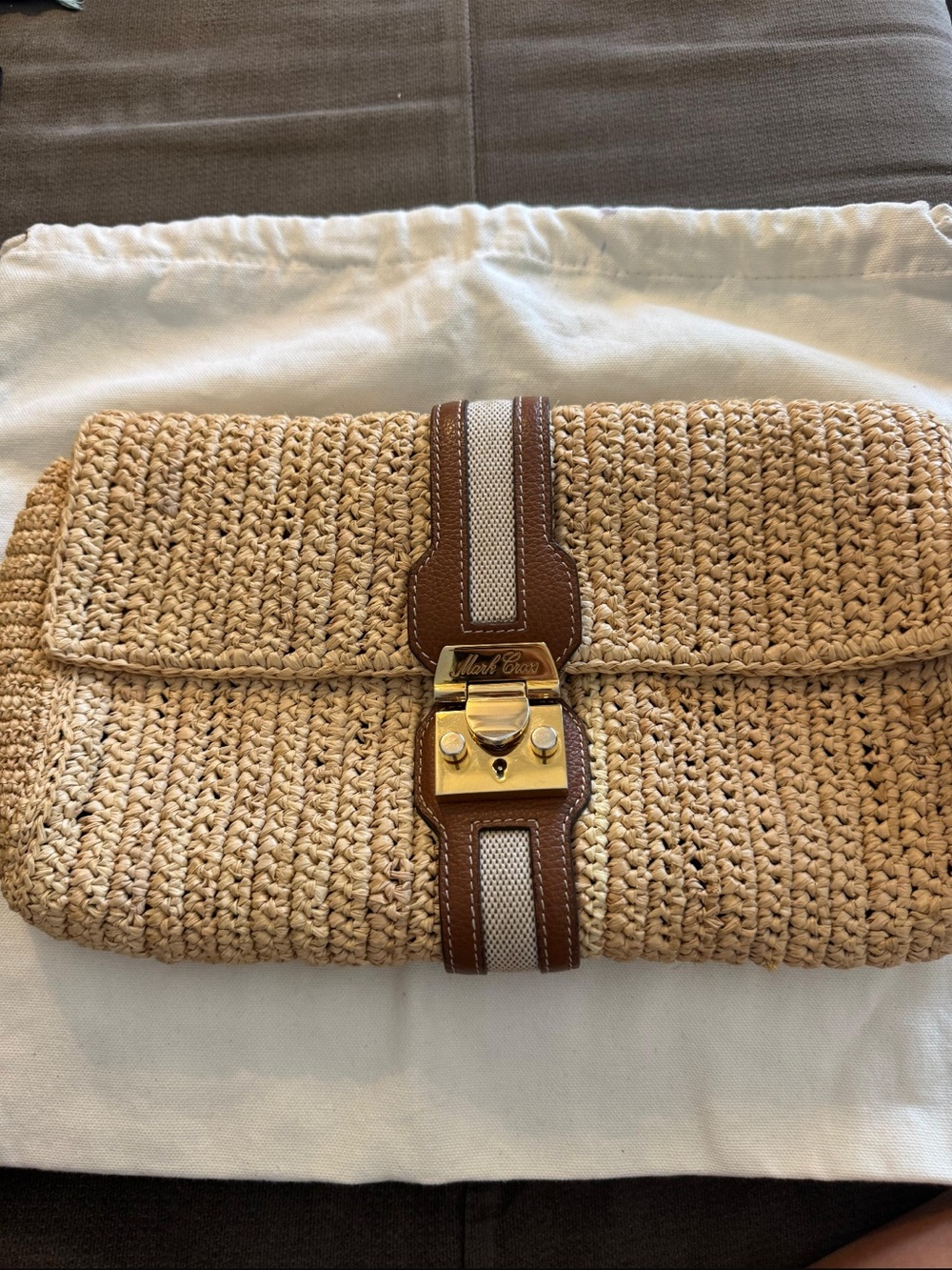 Mark Croas Straw Clutch with Brown Leather Trim and Gold Lock